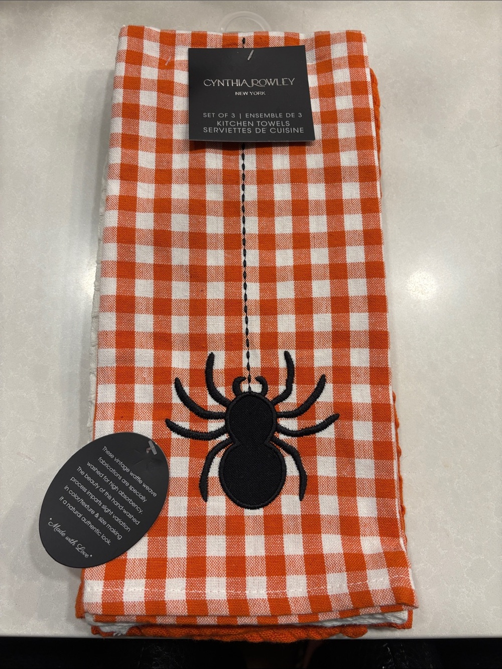 Cynthia Rowley Halloween Gingham Kitchen Towels with Black Spider. Set of Three